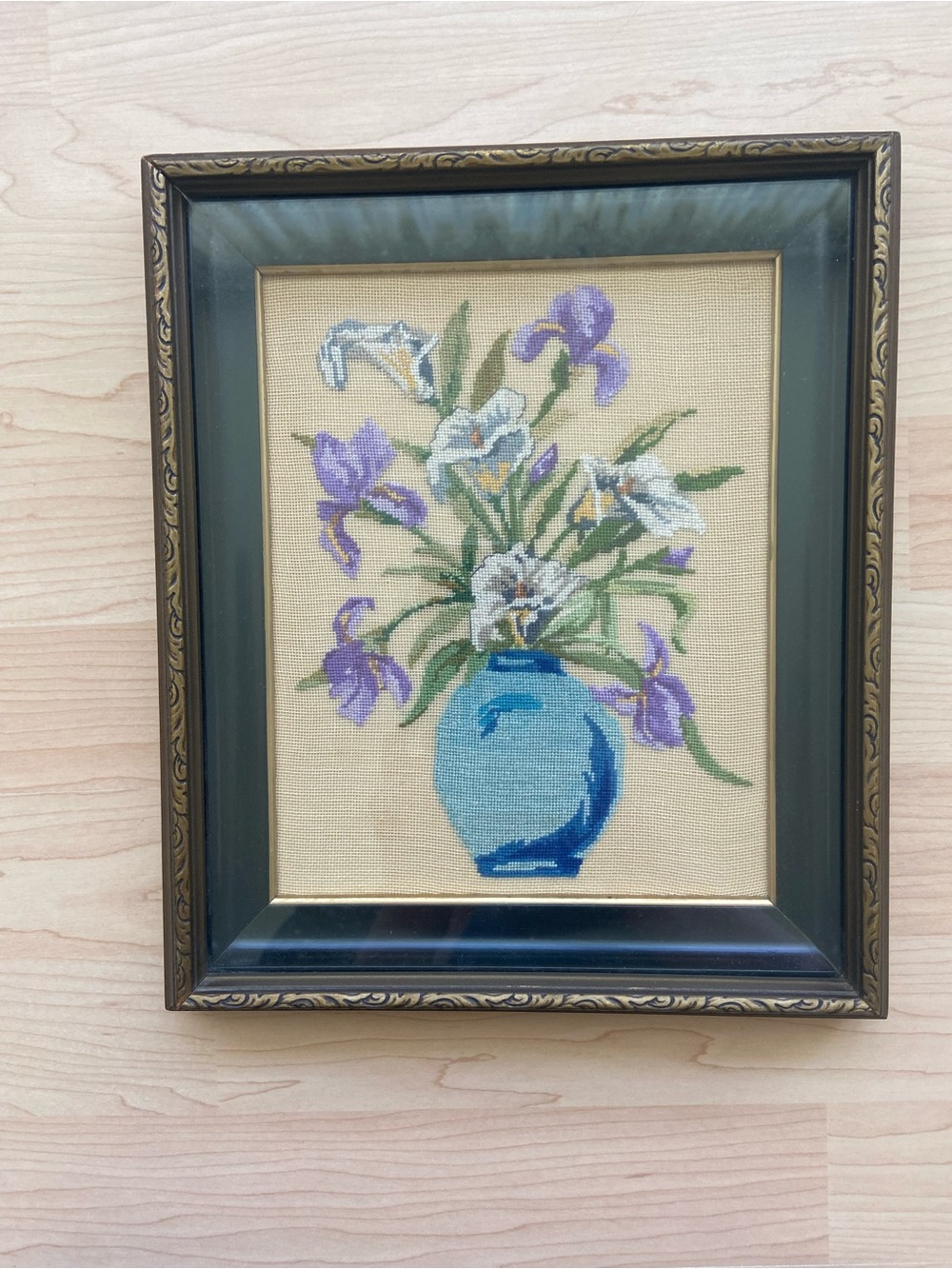 Vintage Petit Point Iris Floral Arrangement in Vase Framed